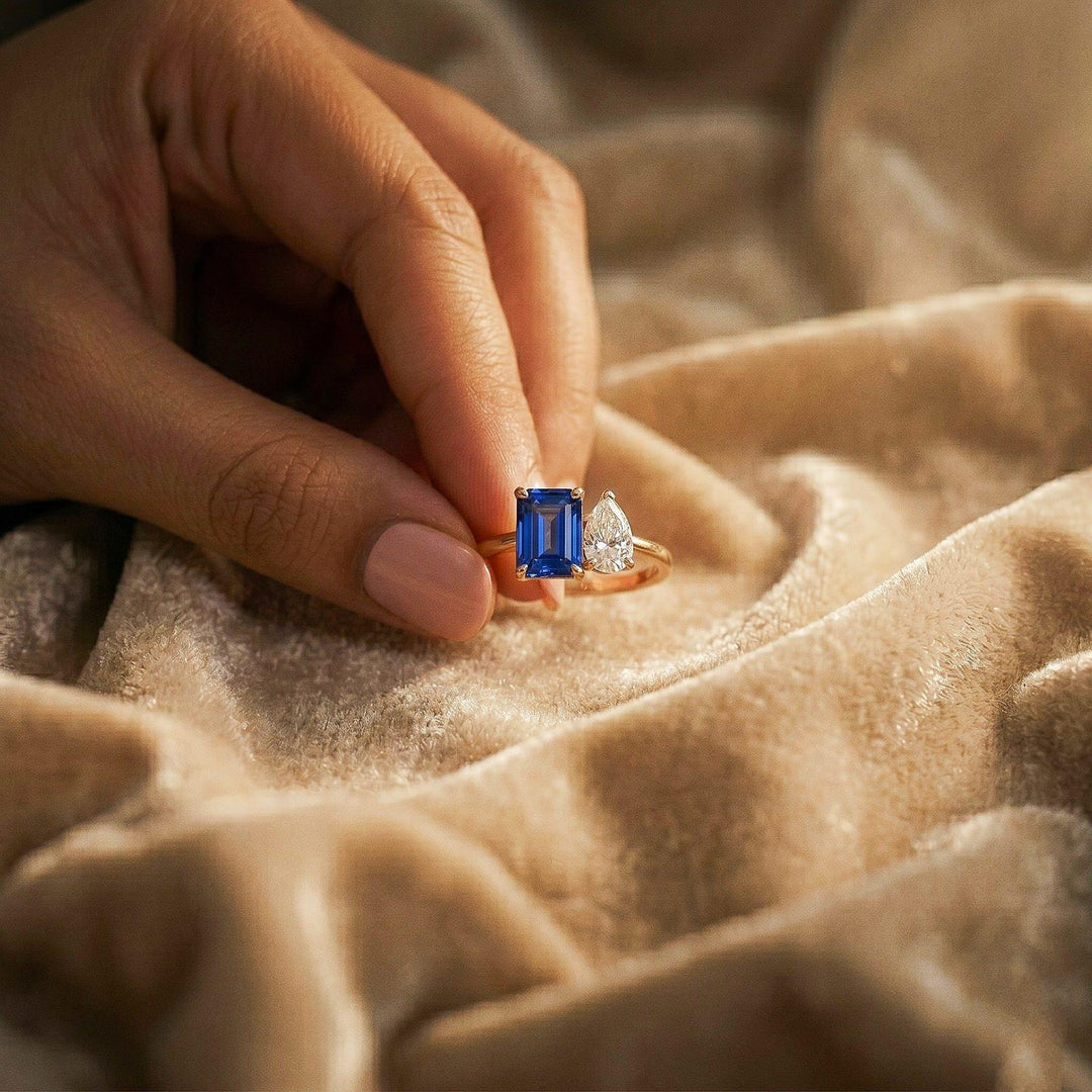 Emerald Cut Blue Sapphire Ring, Art Deco Diamond Accent Gold Engagement Ring