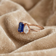 Emerald Cut Blue Sapphire Ring, Art Deco Diamond Accent Gold Engagement Ring