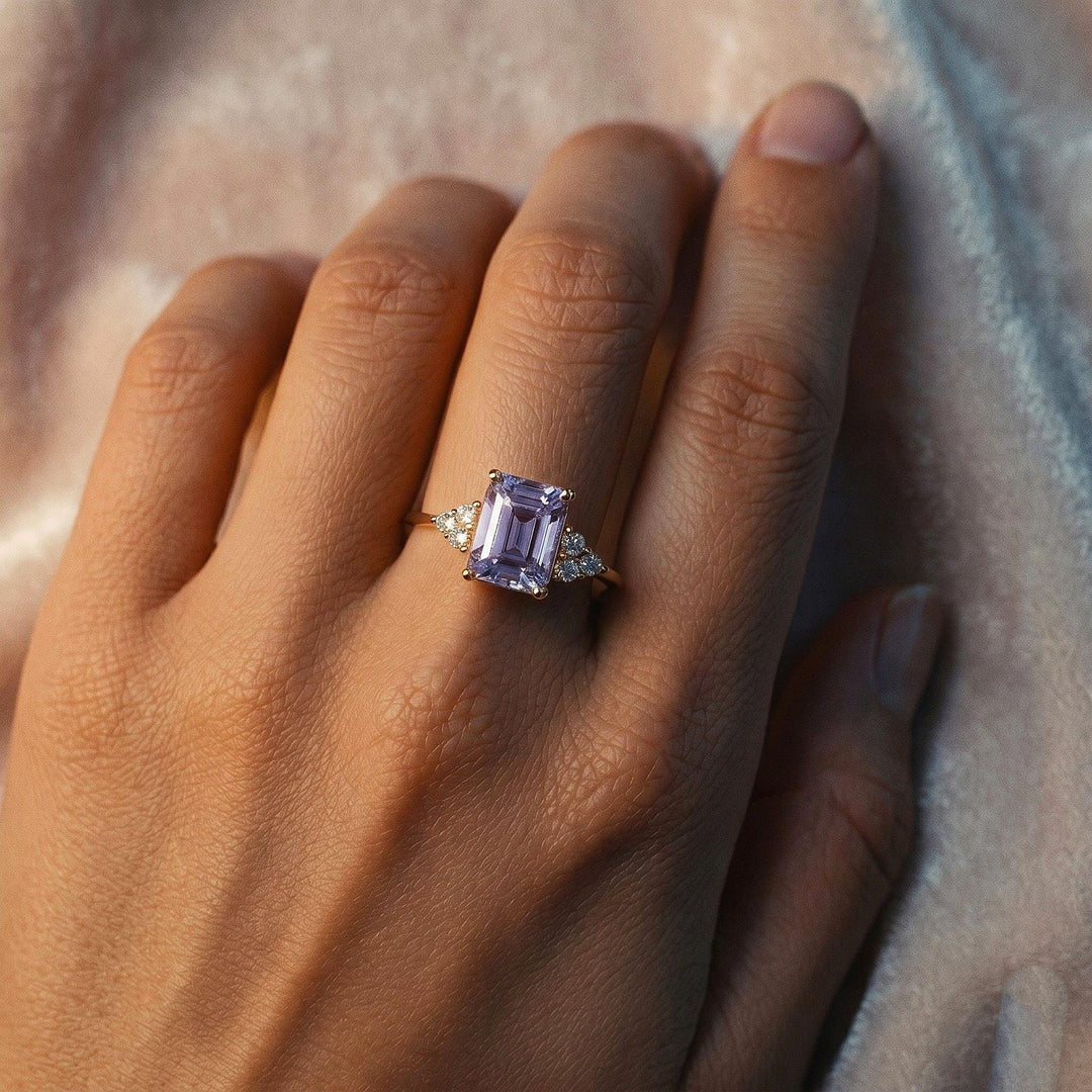 Emerald Cut Natural Amethyst Ring, Solid Rose Gold Solitaire Statement Ring (6x8mm)