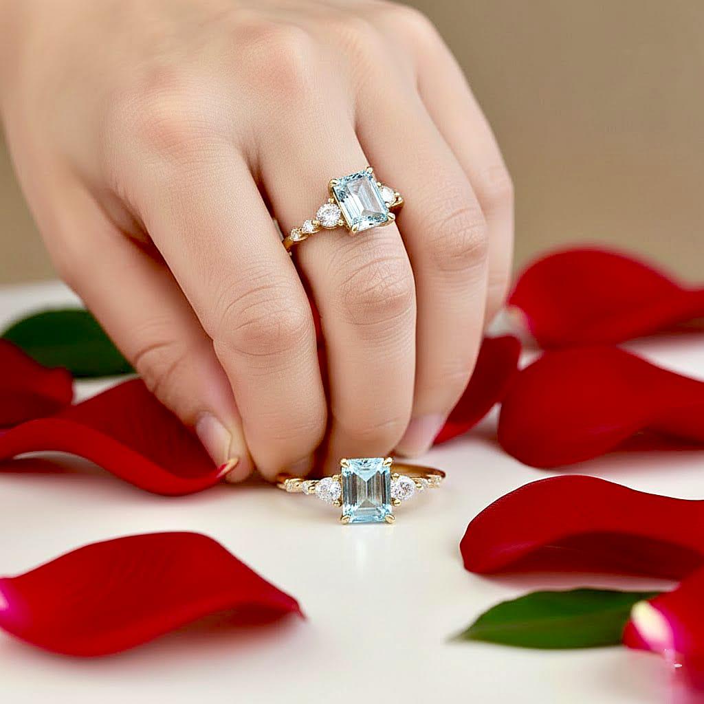 Emerald Cut Aquamarine Ring, 14K Gold Vermeil, March Birthstone, Dainty Engagement Ring