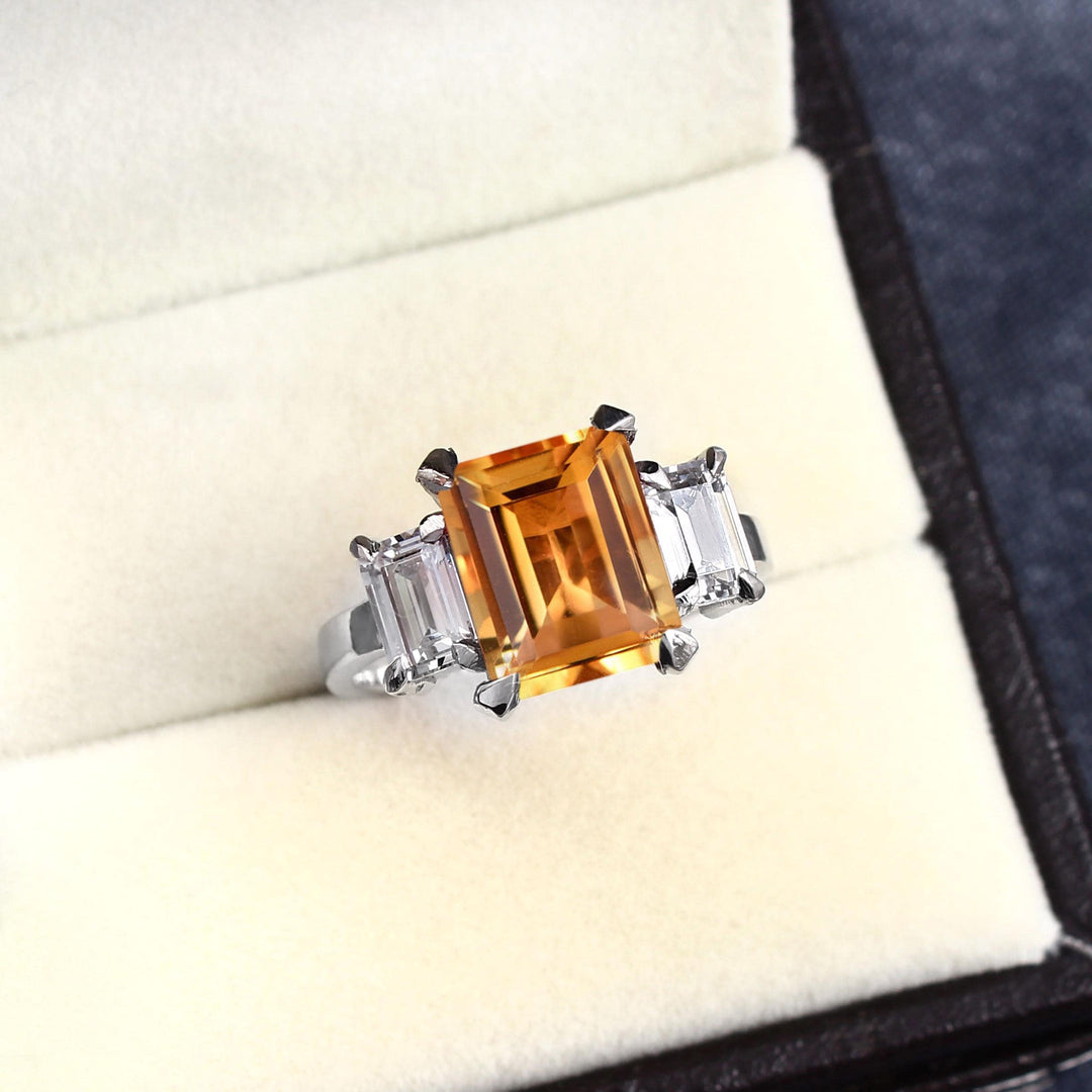 Emerald Cut Citrine Engagement Ring, Solid Yellow Gold, Vintage Bridal Promise Ring