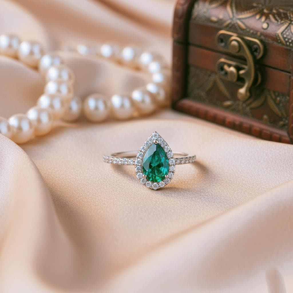 Pear Emerald Engagement Ring: 14k Gold or Sterling Silver, Simulated Diamond Accents