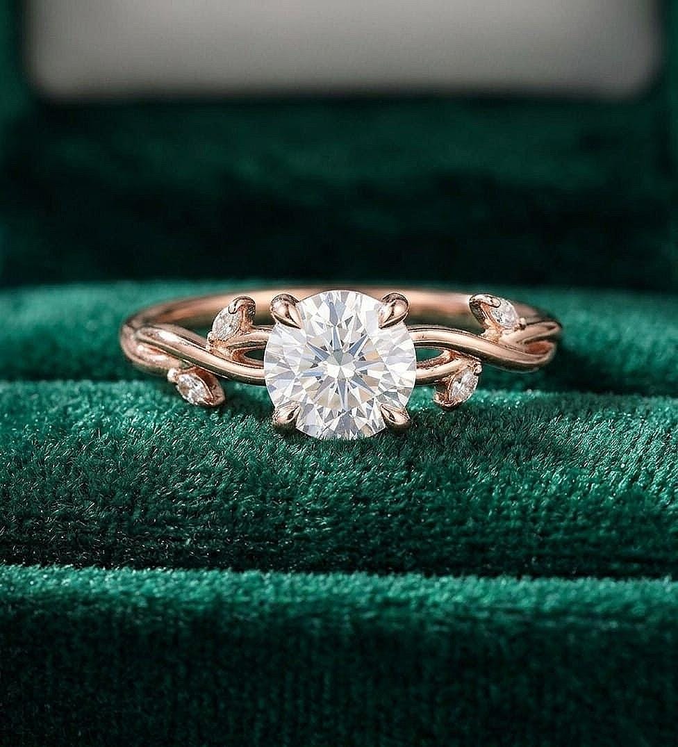 Vintage Round Moissanite Engagement Ring, Dainty White Gold Moissanite Wedding Ring, Nature Leaf Twisted Anniversary Promise Rings For Women