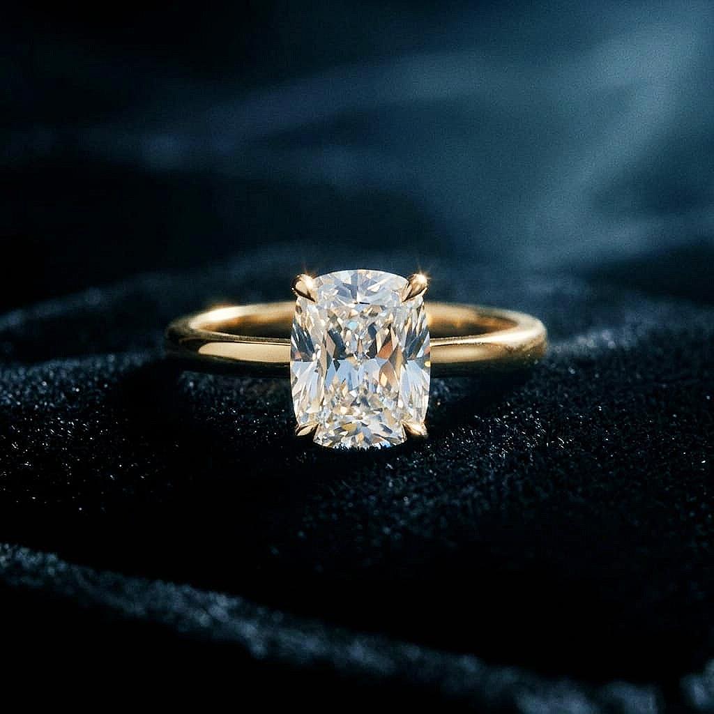 Elongated Long Cushion Cut Moissanite Ring – 14K Gold Cushion Cut Solitaire Ring, Sterling Silver with Gold Vermeil Ring