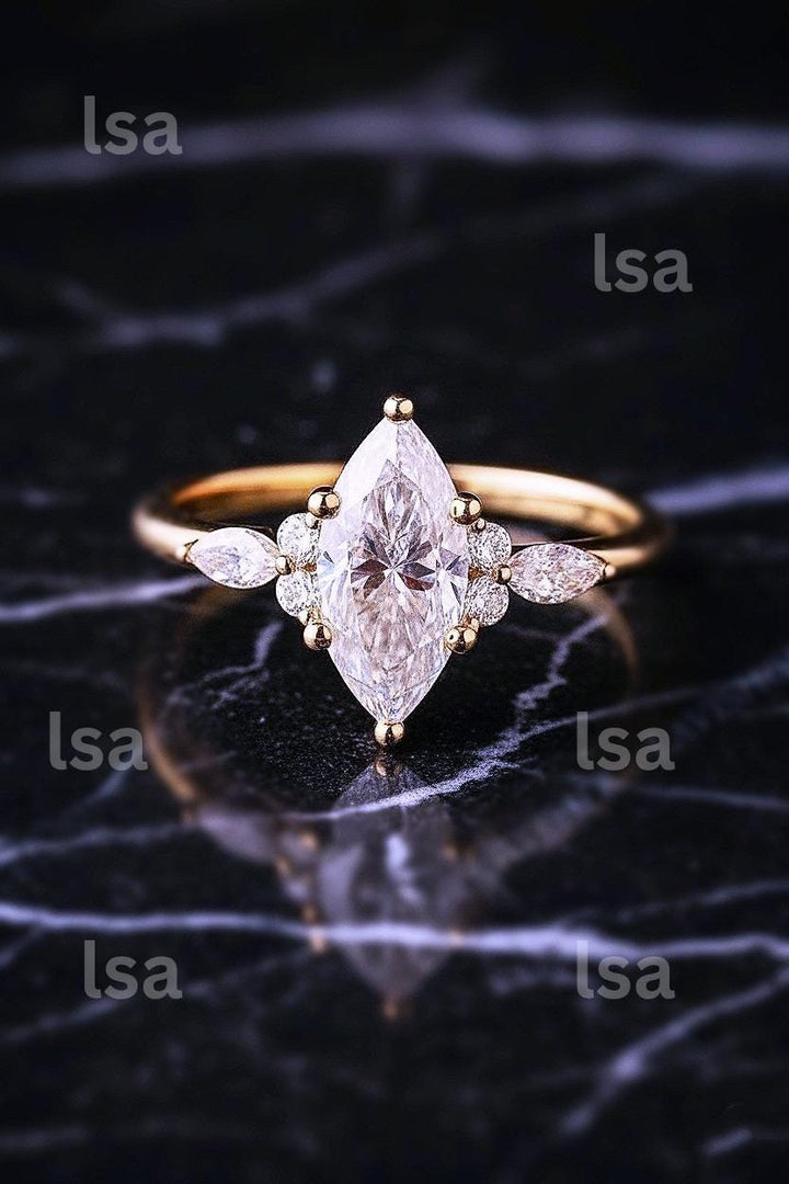 Marquise Moissanite Engagement Ring: 14k Gold Seven Stone Wedding Band
