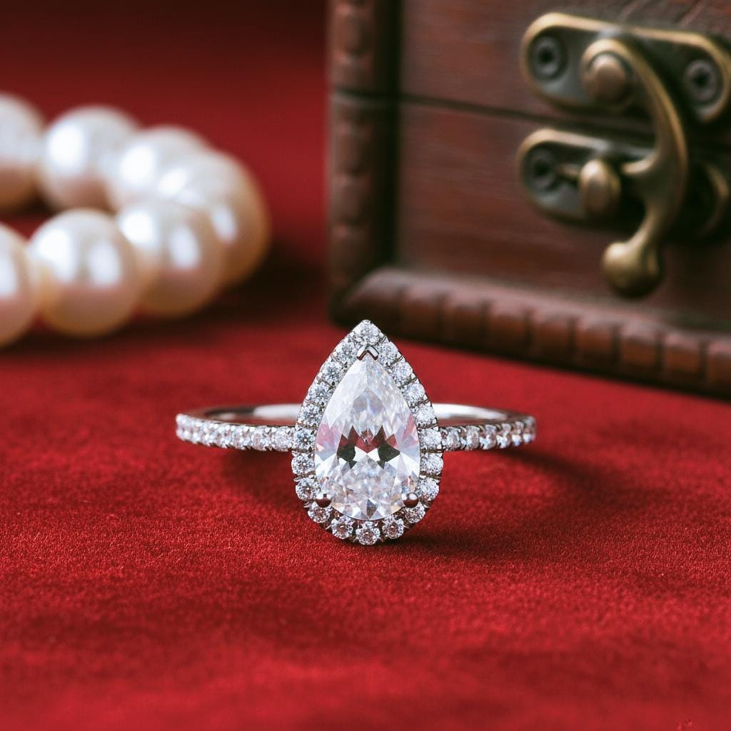 Pear Cut Moissanite Wedding Pave Set Ring,  Art Deco 14k Yellow Gold Halo Dainty Solitaire Engagement Promise Ring