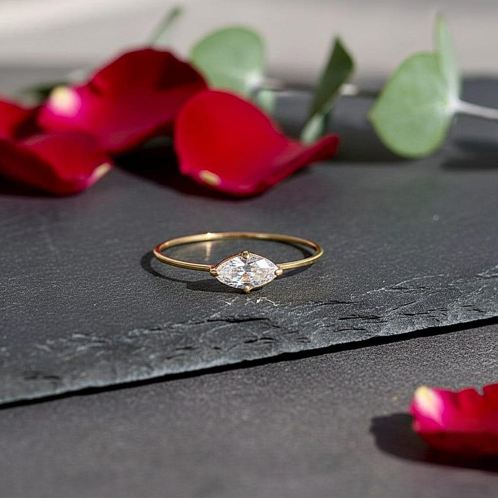 East West Marquise Moissanite Engagement Ring, 14K Solid Gold Minimalist Solitaire Wedding Dainty Bridal Promise Ring