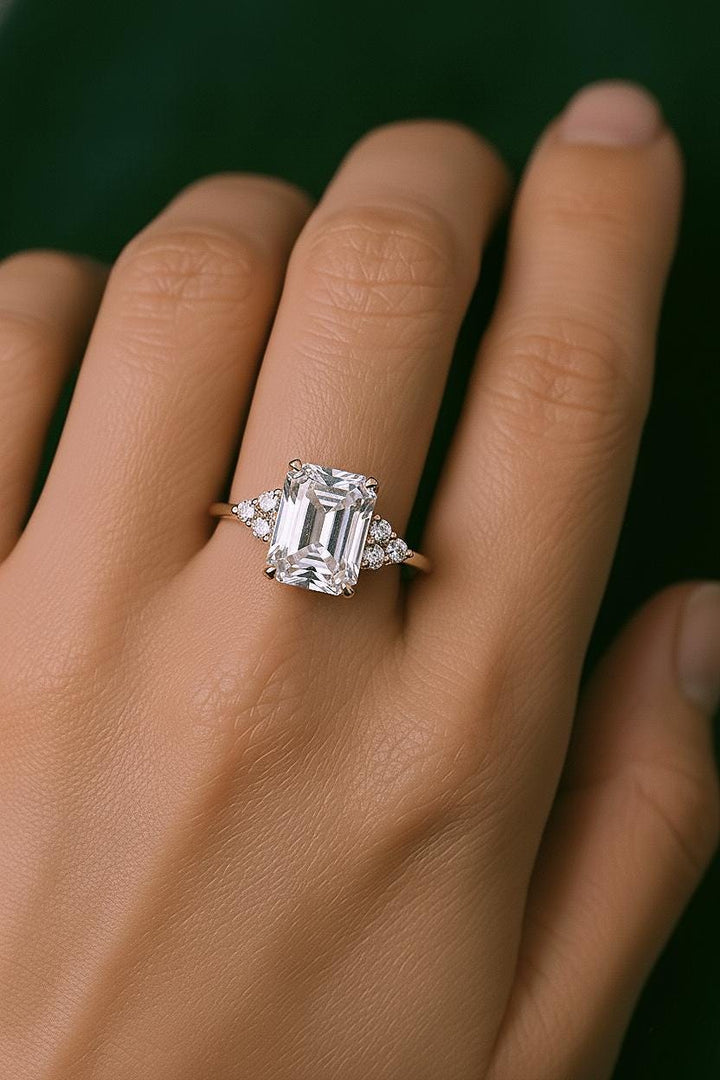 Emerald Cut Moissanite Engagement Ring, 14K Solid Gold Art Deco Bridal Solitaire Wedding Ring