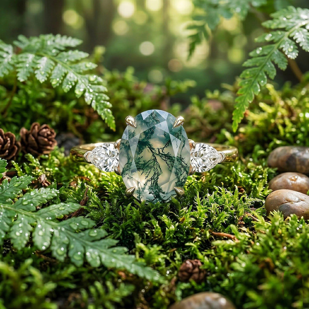 Oval Natural Green Moss Agate Engagement Ring Rose Gold Cluster Aquatic Agate Promise Ring Woman Marquise Cut CZ Diamond Wedding Ring