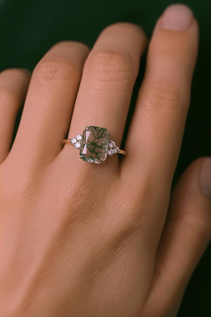 Emerald Cut Moss Agate Ring: 925 Sterling Silver, Simulated Diamond Accents