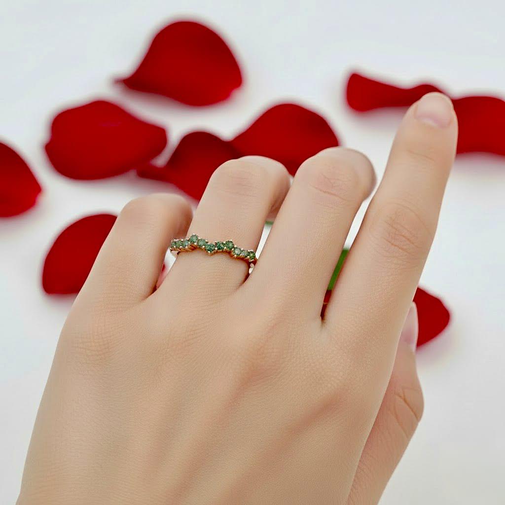Natural Moss Agate Half Eternity Band, Dainty Stacking Ring for Women, 14K White Gold Wedding Engagement Jewelry Gift, Personalized Rings