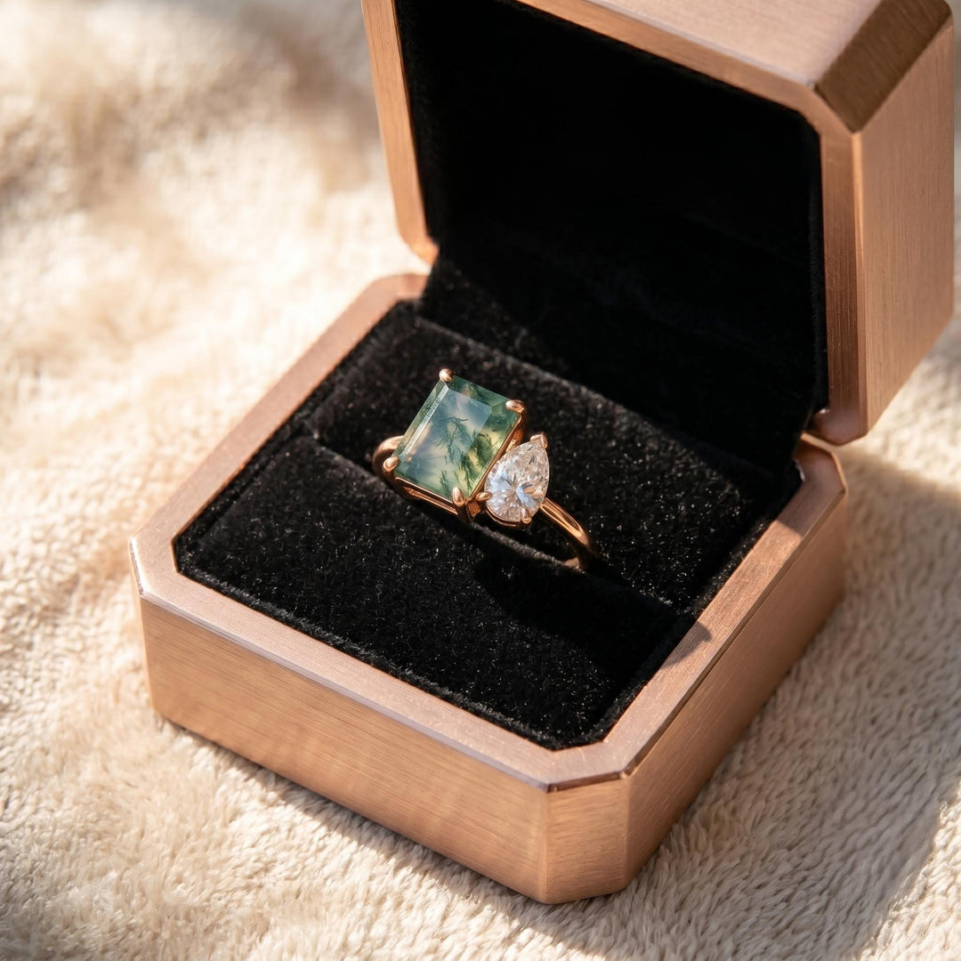 Two Stone Moss Agate Ring, Emerald Cut Pear Sterling Silver Toi Et Moi Ring