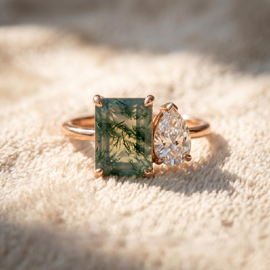 Two Stone Moss Agate Ring, Emerald Cut Pear Sterling Silver Toi Et Moi Ring