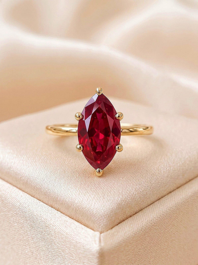 Red Ruby Engagement Ring, Marquise Cut, Vintage Cluster Wedding Ring, 14k Gold Anniversary Ring, For Women Custom Promise Rings Gift For Her