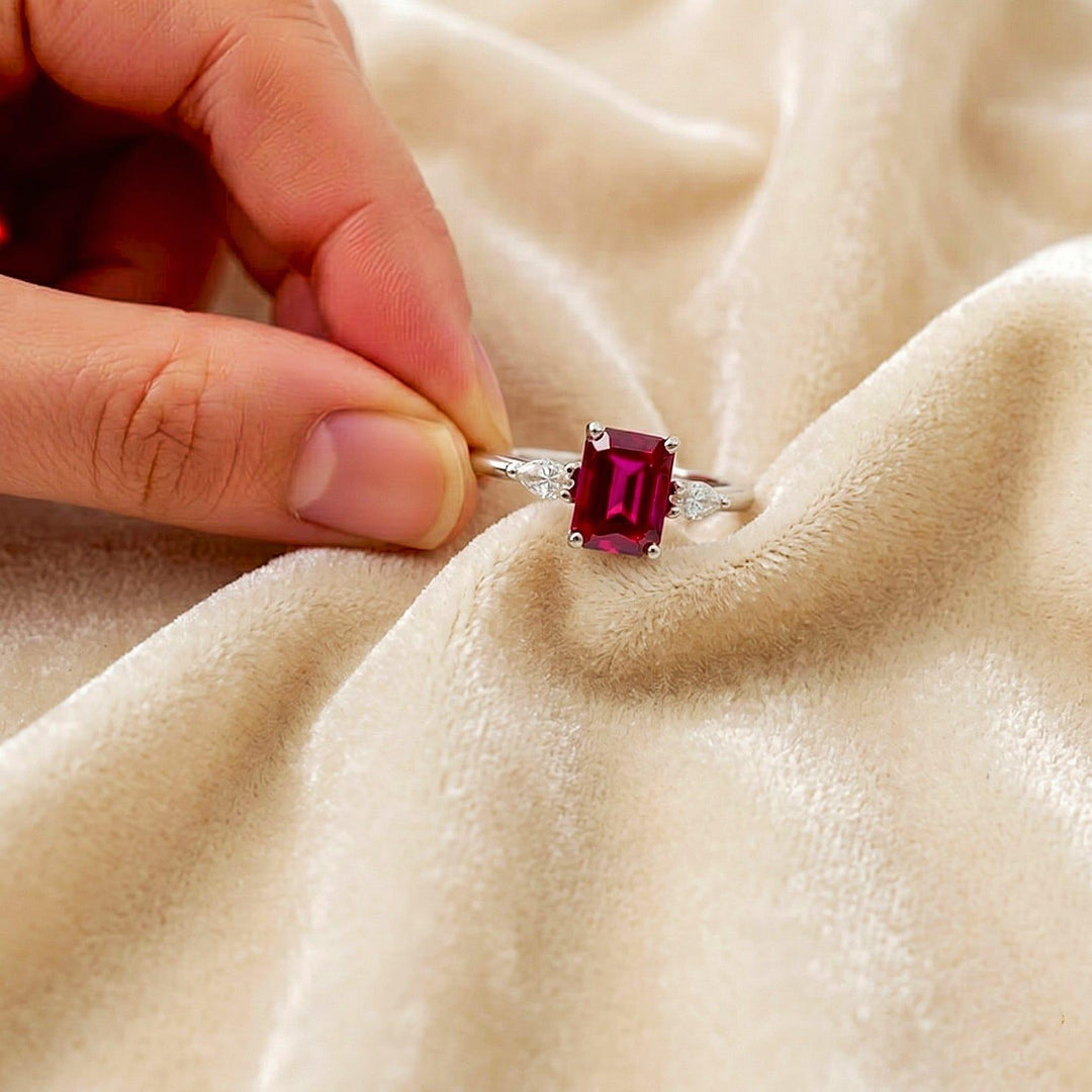 Vintage Ruby Emerald Cut Ruby Engagement Ring, Wedding Ring, Emerald Solitaire Diamond Ring, Prong Set Simulated Promise Ring For Her