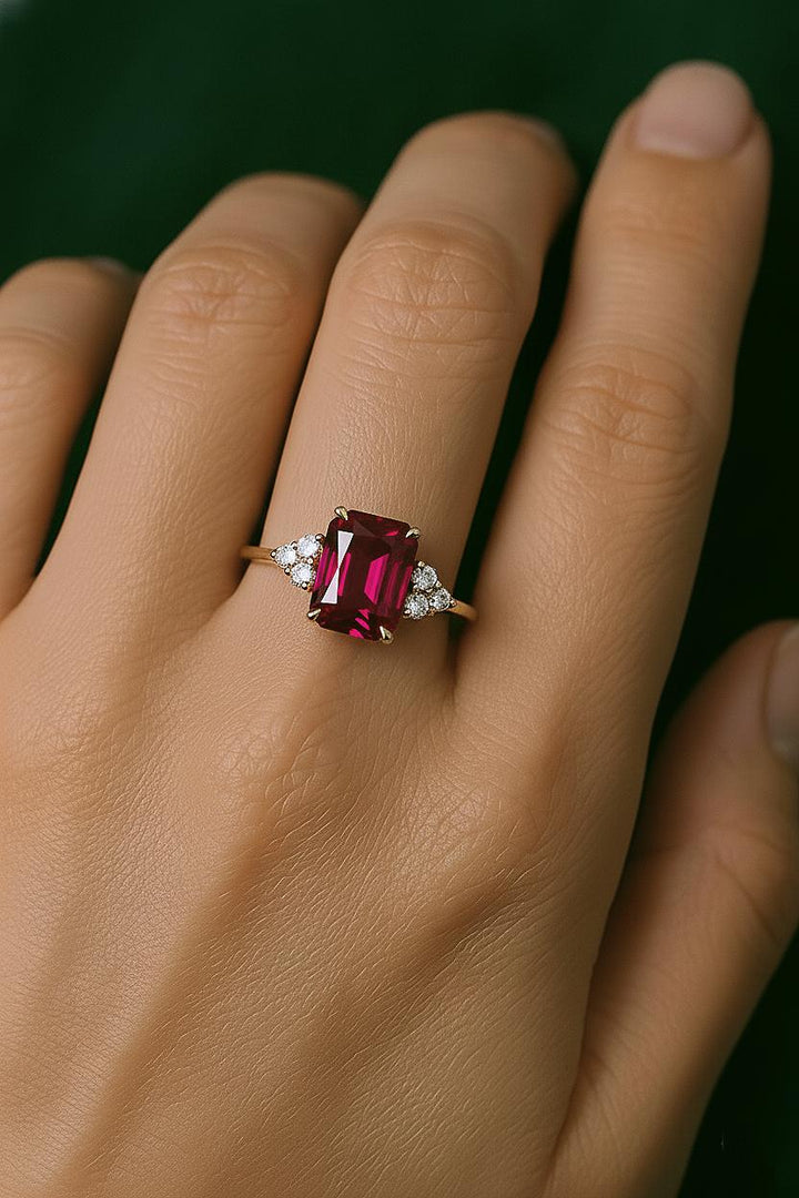 Emerald Cut Ruby Engagement Ring, 14k Gold Solitaire CZ, Prong Set Simulated Promise Ring