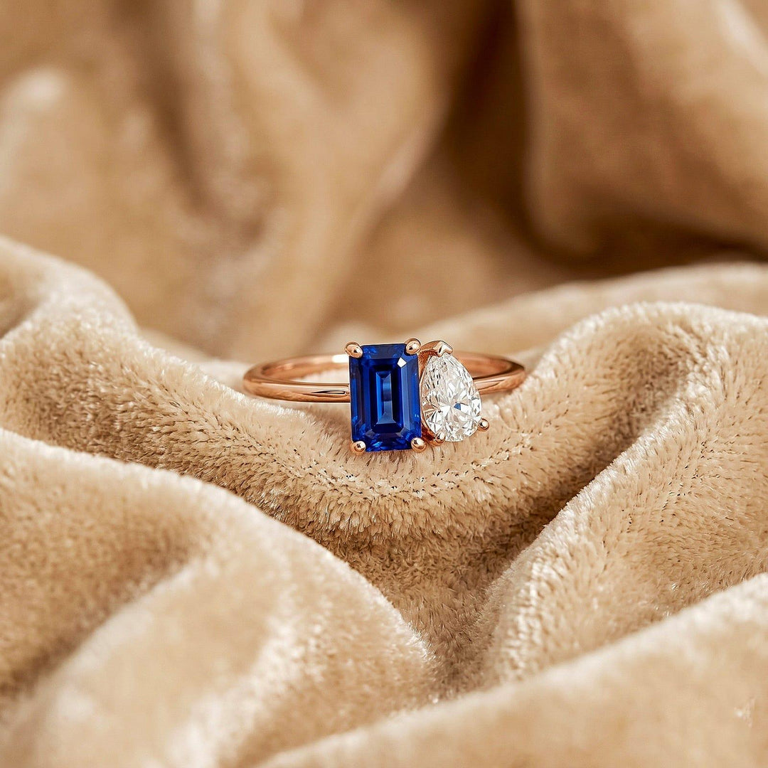 Emerald Cut Blue Sapphire Ring, Art Deco Diamond Accent Gold Engagement Ring