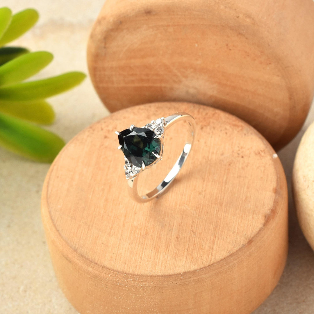 Vintage Teal Sapphire Engagement Ring: Pear Moonstone Cluster, Sterling Silver