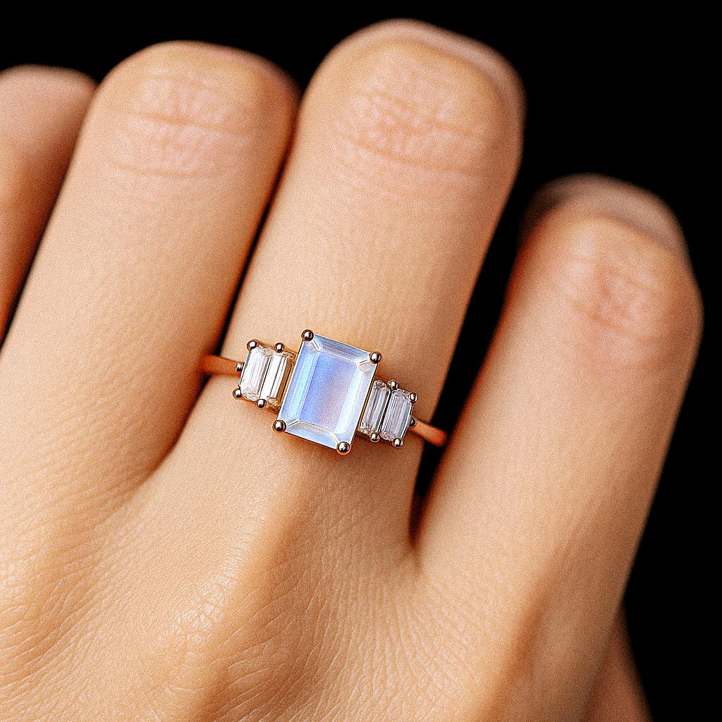 Vintage Moonstone Ring: 14K Rose Gold, Simulated Diamond Accents