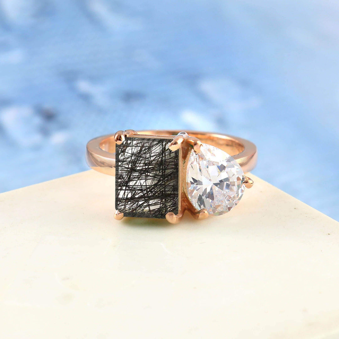 Unique Rutile Quartz Ring, Two Stone Ring, Mother Daughter Ring, Unique family Birthstone Ring, Spouse Dual Birthstone Ring, Toi Et Moi Ring