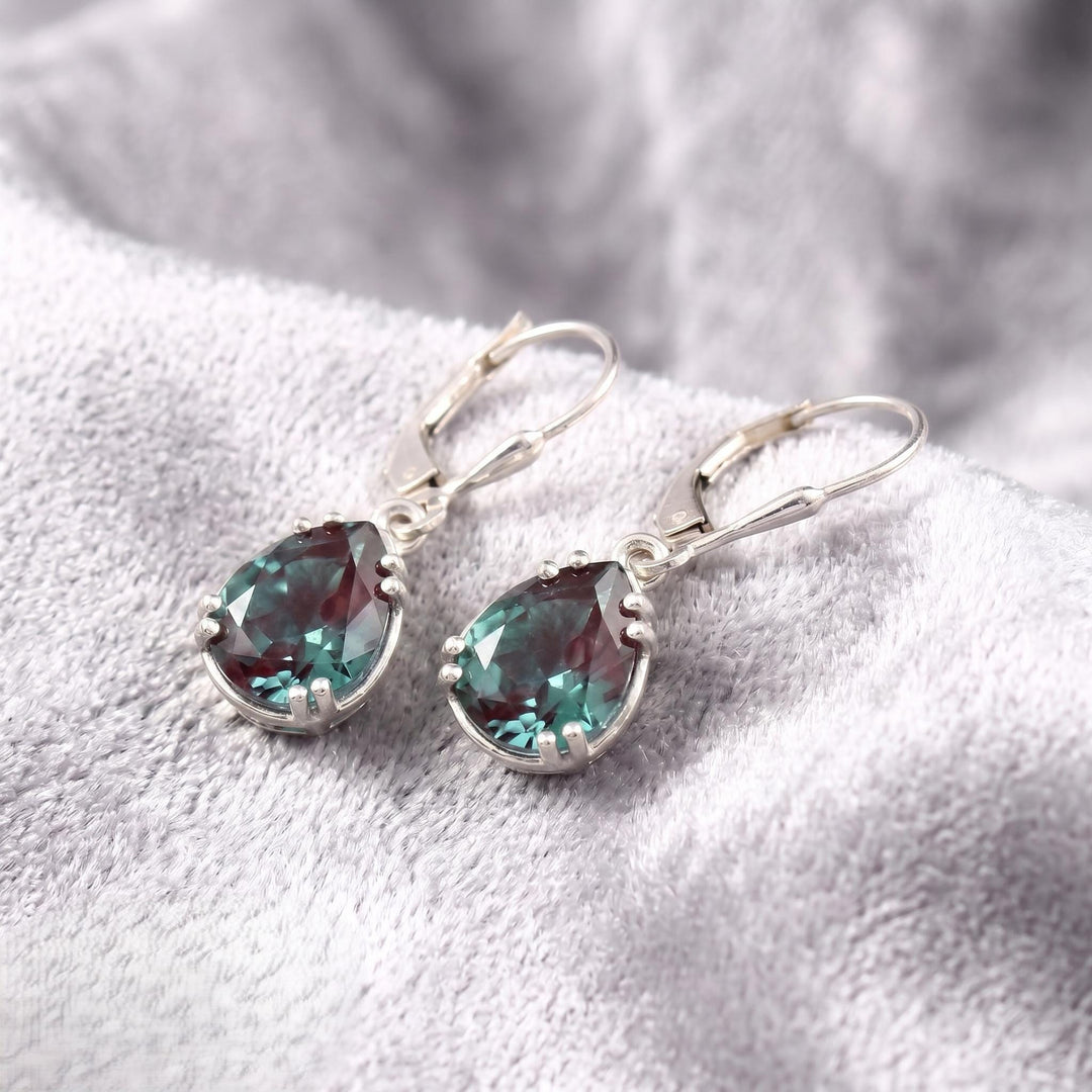 Alexandrite Earrings in 925 Sterling Silver, Boho Teardrop Dangle Earrings, Pear Cut Color Change Jewelry, Victorian Style Gift for Her,