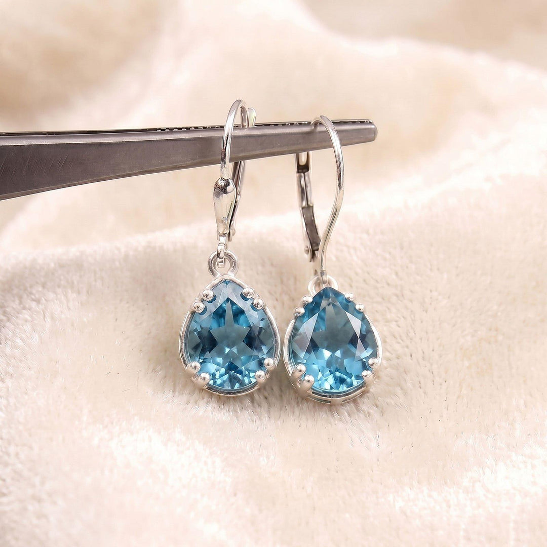 Aquamarine Blue Teardrop Earrings Silver | Pear Lever back Dangle Earrings | Bridal Hoop Earrings Women | March Birthstone Gift for Her