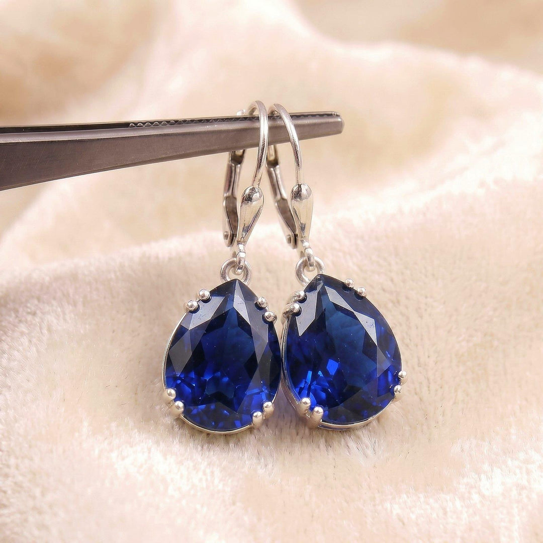 Pear Cut Blue Sapphire Drop Earrings, Blue Gemstone Tear Drop Leaver back Dangle Earrings, Elegant Bridal Jewelry Gift September Birthstone