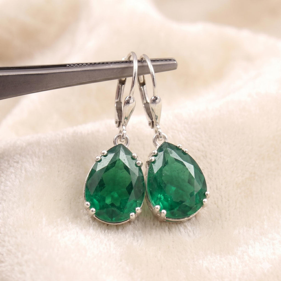 Emerald Green Teardrop Dangle Hoop Earrings | Gold, Silver, Rose Gold Finish | Minimalist Elegant Gemstone Drop Earrings | Gift for Her