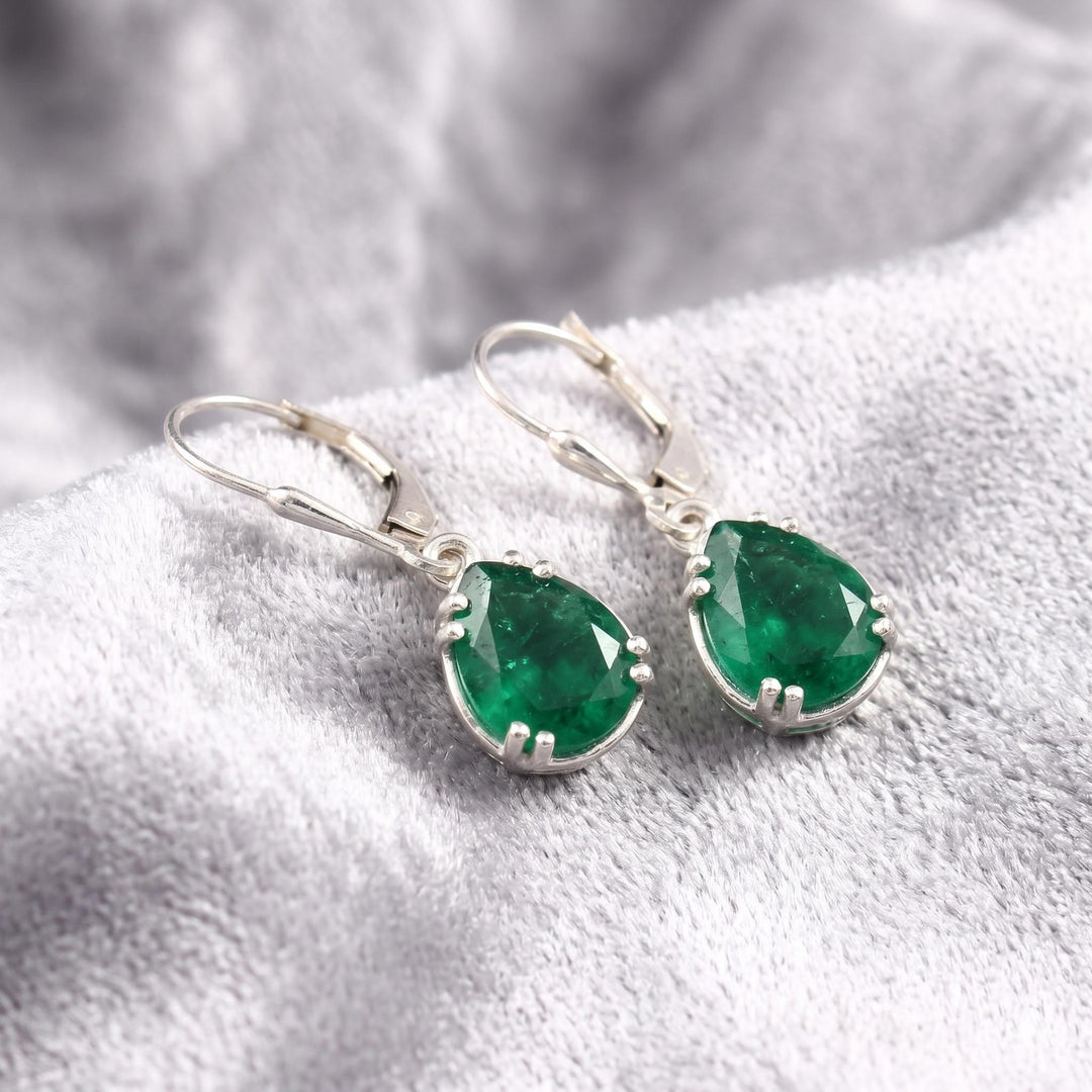 Emerald Green Teardrop Dangle Hoop Earrings | Gold, Silver, Rose Gold Finish | Minimalist Elegant Gemstone Drop Earrings | Gift for Her