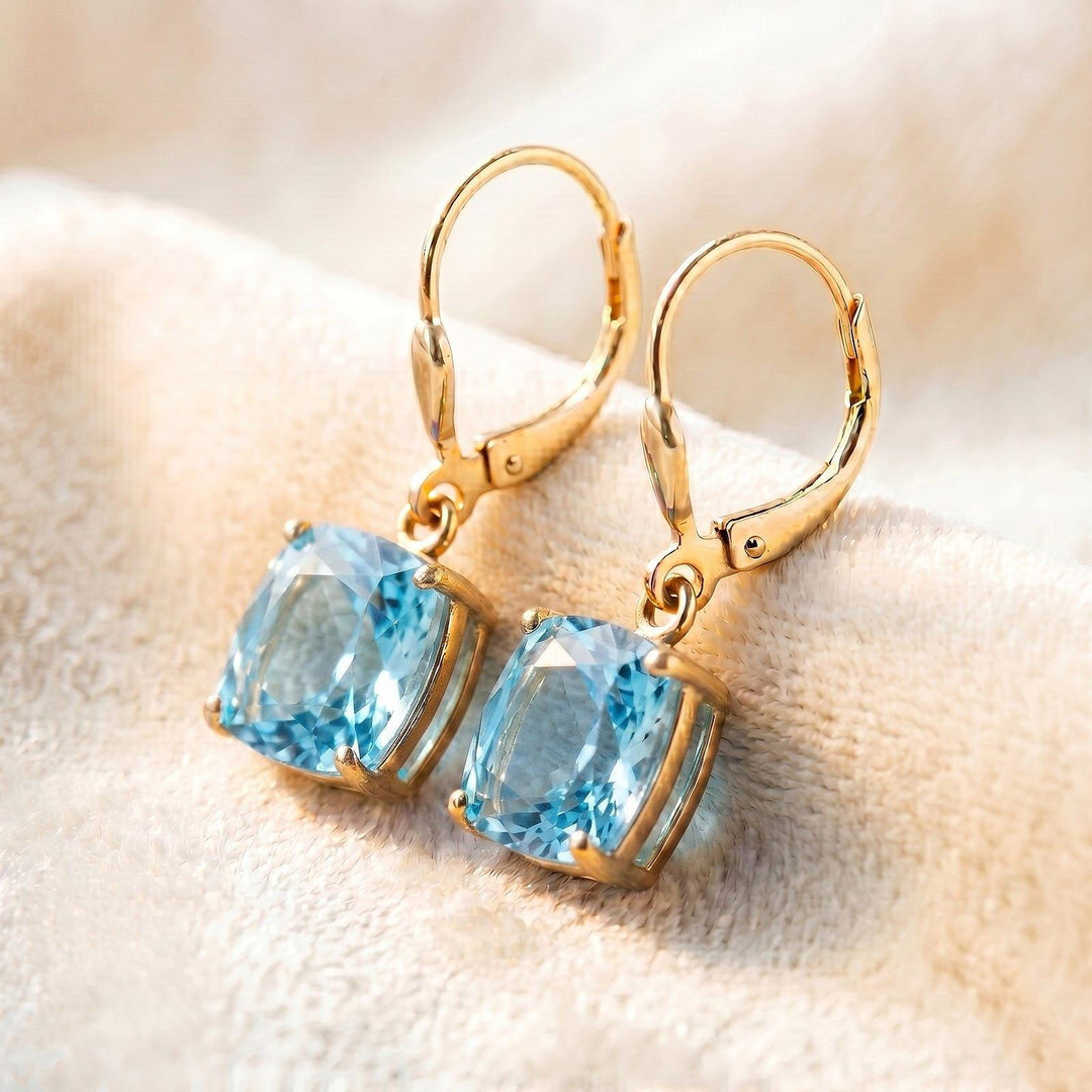 Aquamarine Earrings, March Birthstone, Blue Rectangle Earrings in Gold or Silver,  Cushion Cut Drops, Jewelry Gift for Mom