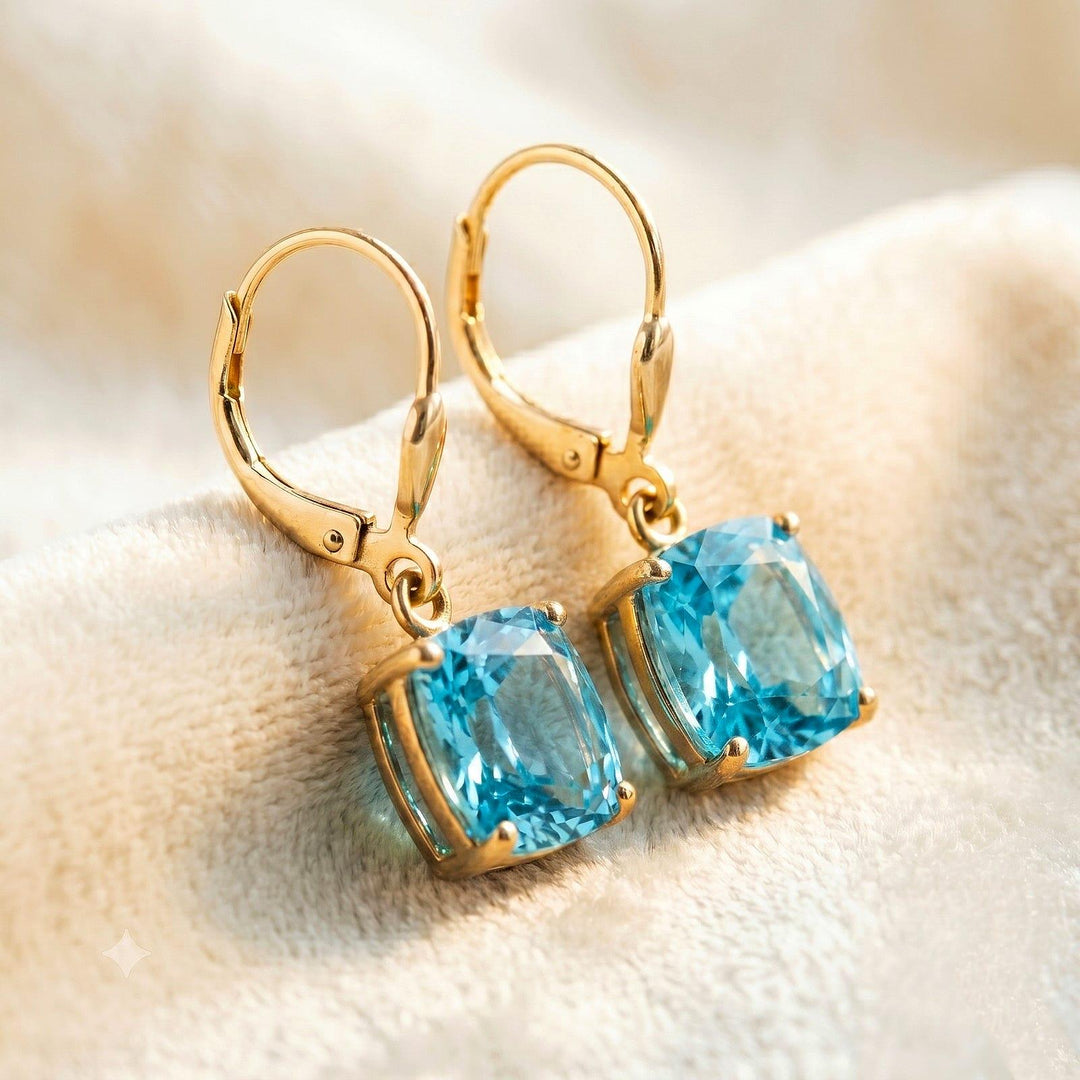 Aquamarine Earrings, March Birthstone, Blue Rectangle Earrings in Gold or Silver,  Cushion Cut Drops, Jewelry Gift for Mom