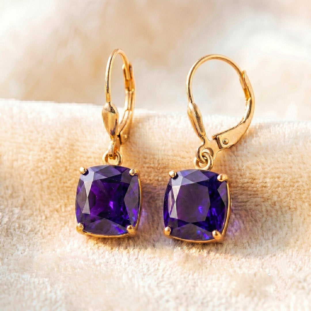 Amethyst Earrings, Febraury Birthstone, Purple Square Earrings in Gold or Silver,  Cushion Cut Drops, Jewelry Gift for Mom, Dangle Earrings