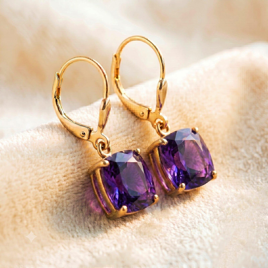Amethyst Earrings, Febraury Birthstone, Purple Square Earrings in Gold or Silver,  Cushion Cut Drops, Jewelry Gift for Mom, Dangle Earrings
