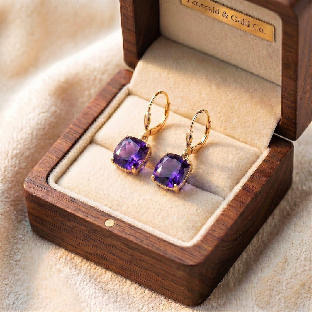Amethyst Earrings, Febraury Birthstone, Purple Square Earrings in Gold or Silver,  Cushion Cut Drops, Jewelry Gift for Mom, Dangle Earrings