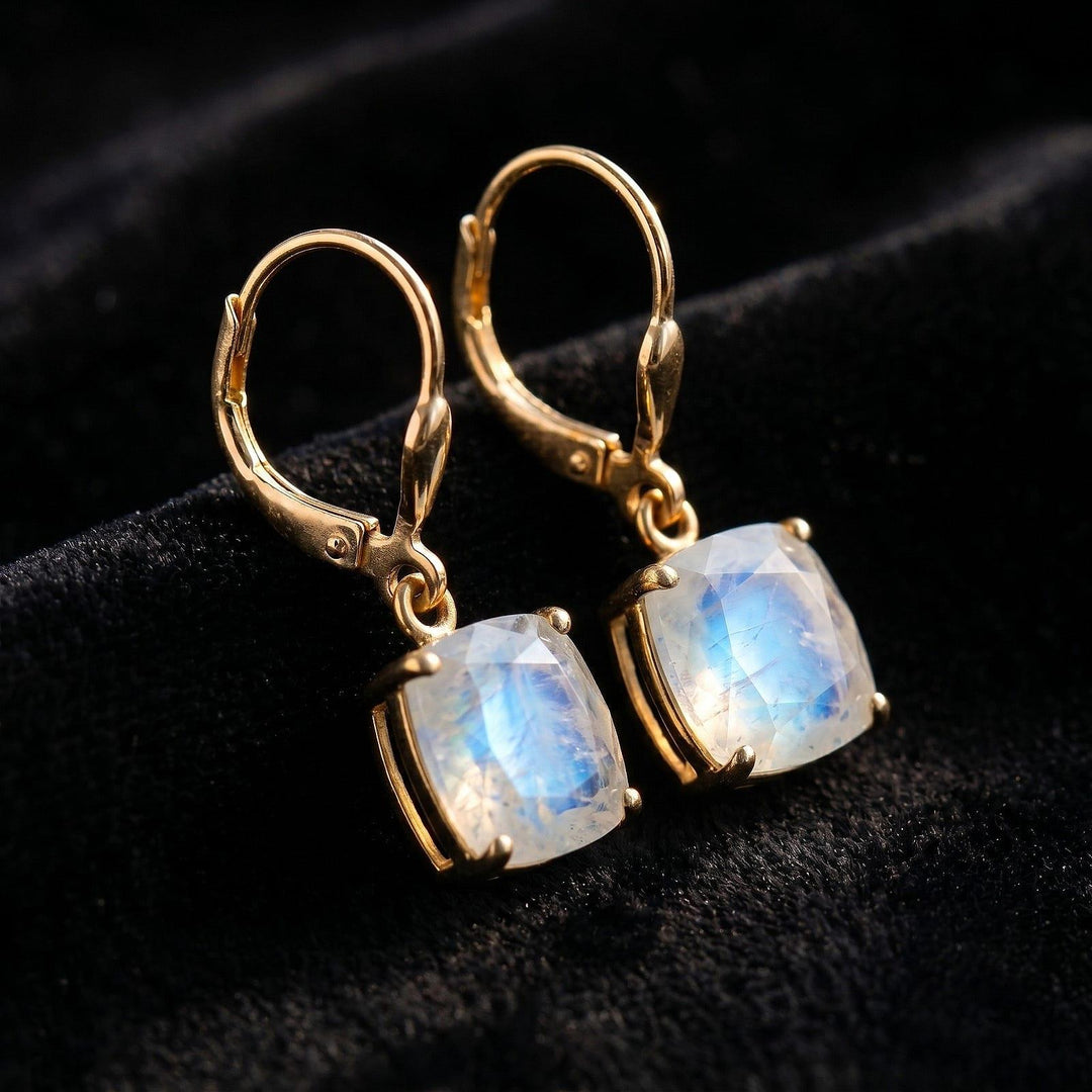 Moonstone  Earrings, June Birthstone, Blue Square Earrings in Gold or Silver,  Cushion Cut Drops, Jewelry Gift for Mom, Dangle Earrings