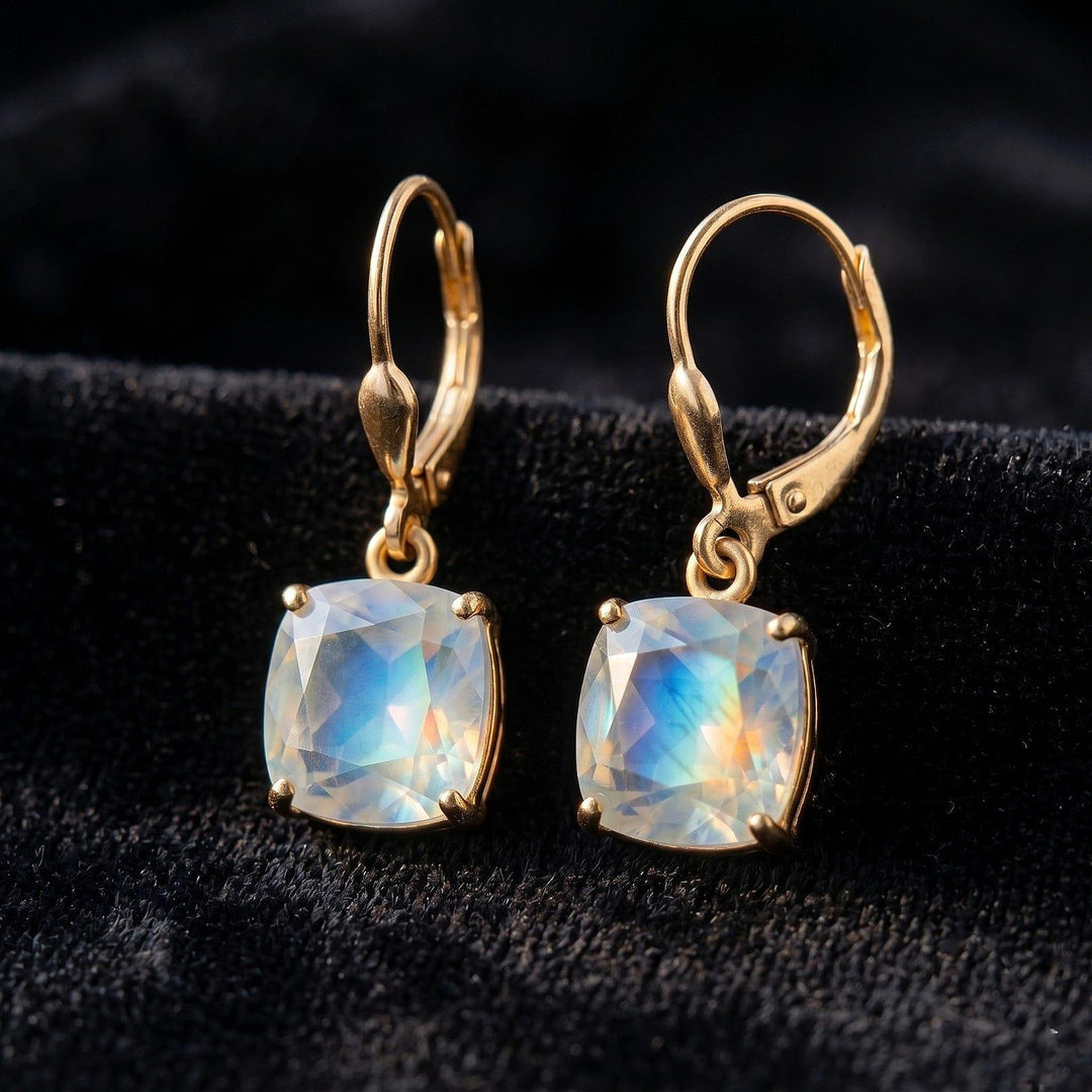 Moonstone  Earrings, June Birthstone, Blue Square Earrings in Gold or Silver,  Cushion Cut Drops, Jewelry Gift for Mom, Dangle Earrings