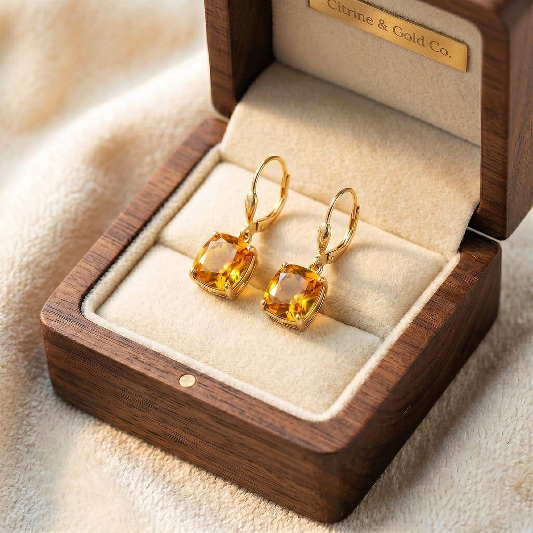Citrine Earrings, November Birthstone, Yellow Square Earrings in Gold or Silver,  Cushion Cut Drops, Jewelry Gift for Mom, Dangle Earrings
