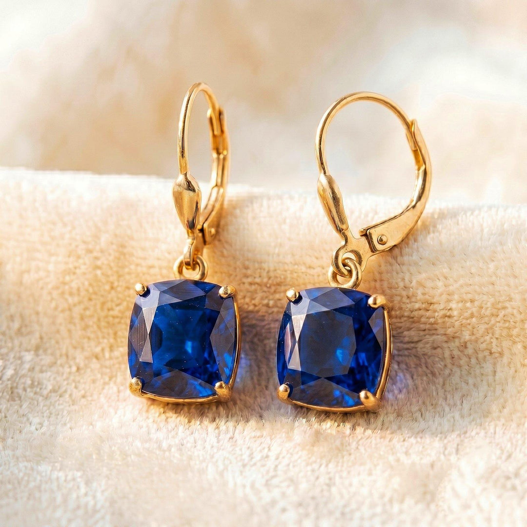 Blue Sapphire Earrings, September Birthstone, Blue Square Earrings in Gold or Silver,  Cushion Cut Drops, Jewelry Gift for Mom, Earrings