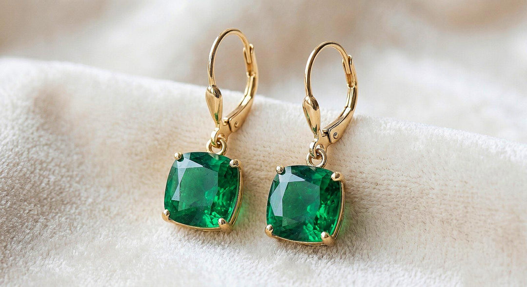 Emerald Earrings, May Birthstone, Green Square Earrings in Gold or Silver,  Cushion Cut Drops, Jewelry Gift for Mom, Dangle Earrings