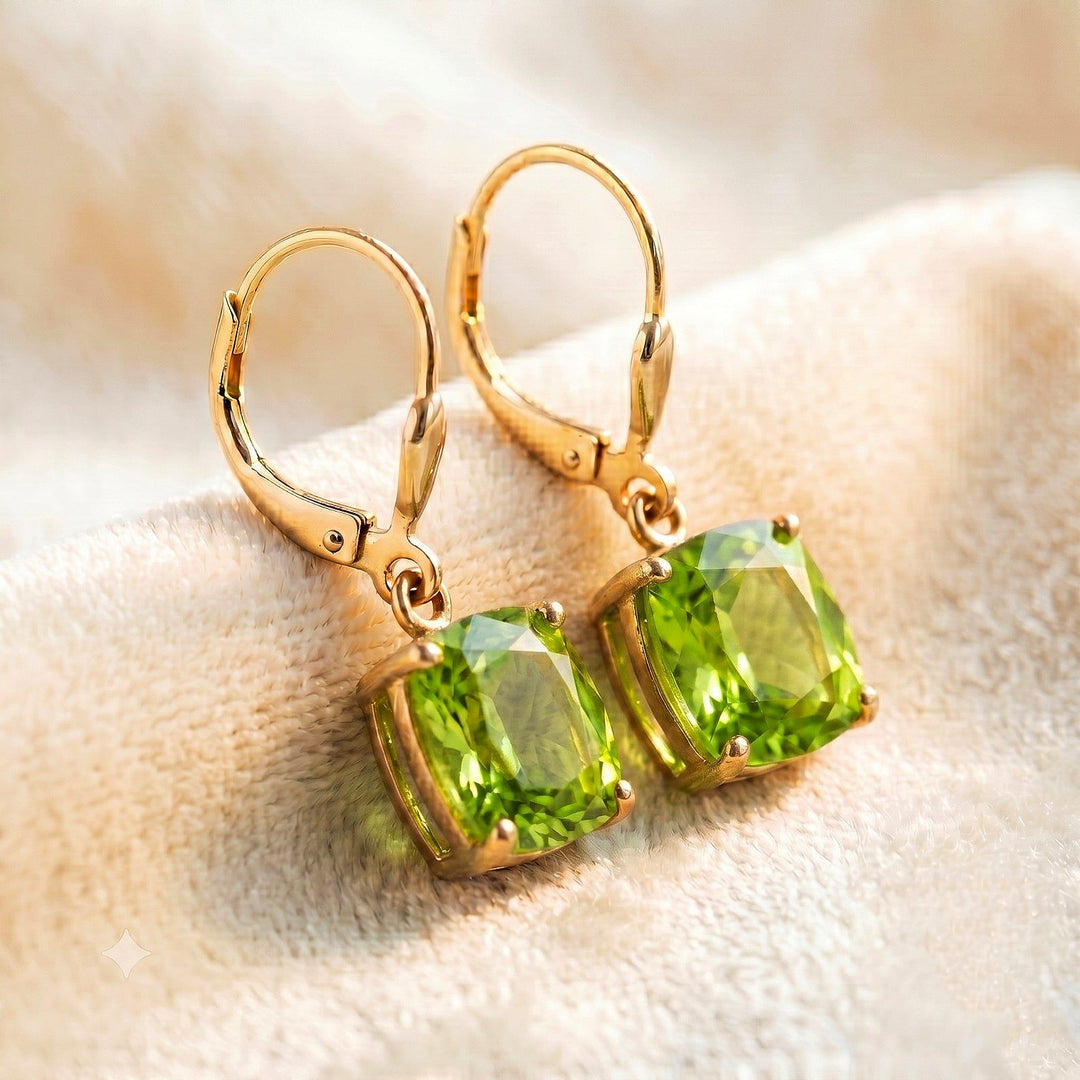 Peridot Earrings, July Birthstone, Green Square Earrings in Gold or Silver,  Cushion Cut Drops, Jewelry Gift for Mom, Dangle Earrings