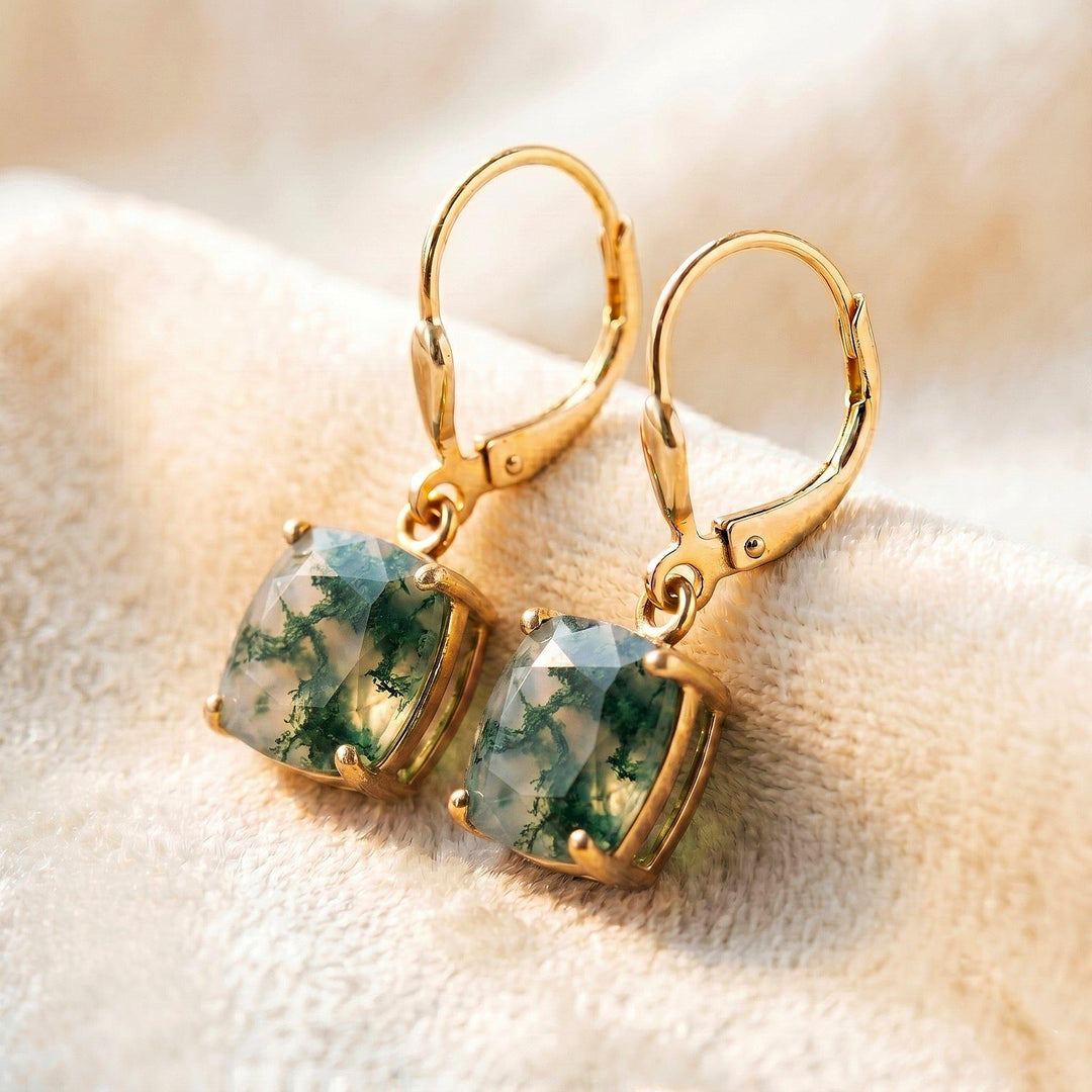 Moss agate Earrings, May Birthstone, Green Square Earrings in Gold or Silver,  Cushion Cut Drops, Jewelry Gift for Mom, Dangle Earrings