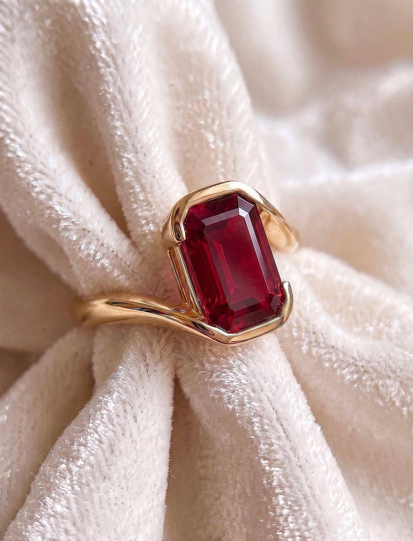 Ruby Emerald Cut Engagement Ring, 14K Gold Ring, Bezel Set Ruby Ring, Minimalist Solitaire Ring, July Birthstone Ring, Promise Gift for Her