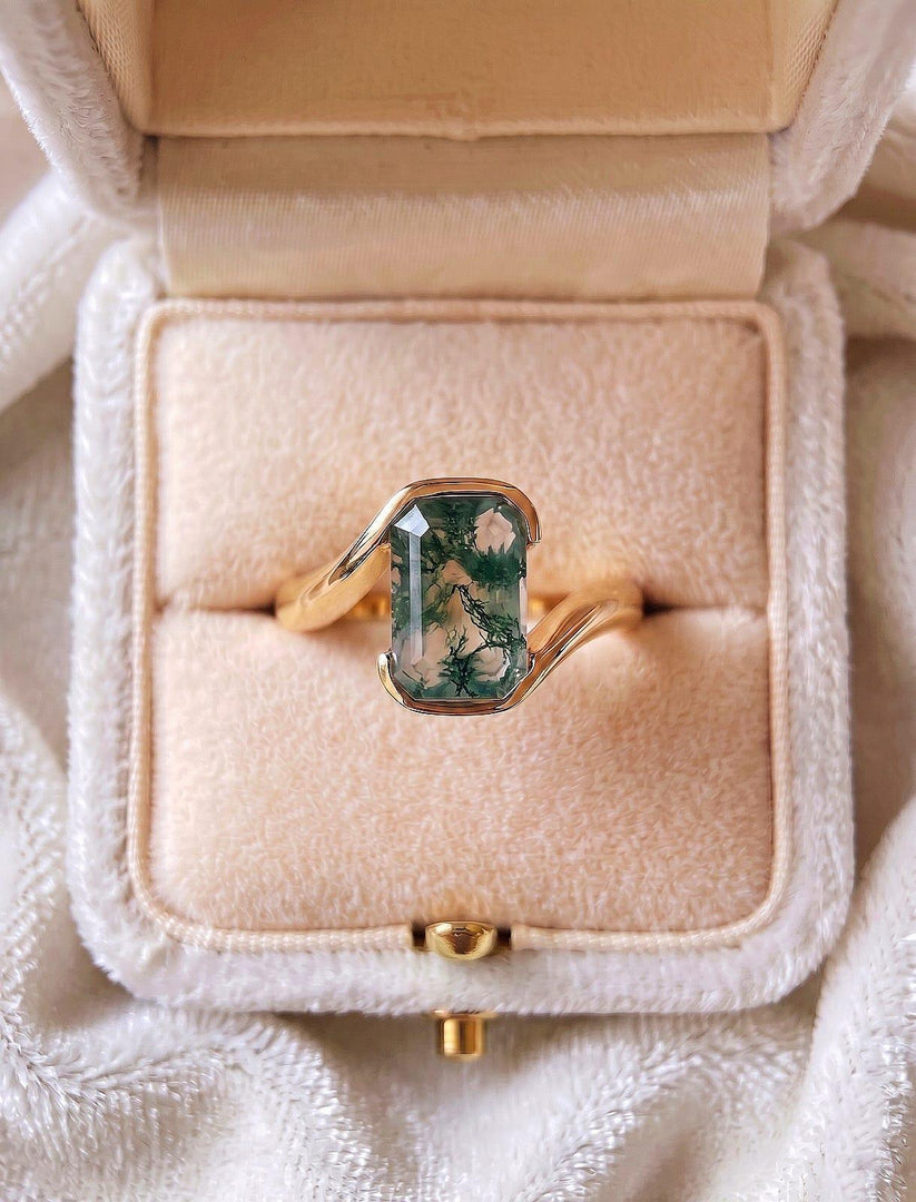 Moss Agate Emerald Cut Engagement Ring, Bezel Setting, Anniversary Ring, Solitaire Proposal Ring, 14K Solid Yellow Gold Wedding Gift For Her