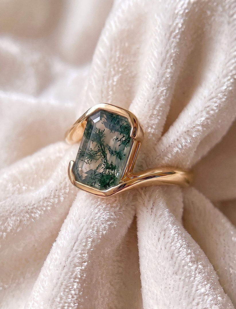 Moss Agate Emerald Cut Engagement Ring, Bezel Setting, Anniversary Ring, Solitaire Proposal Ring, 14K Solid Yellow Gold Wedding Gift For Her