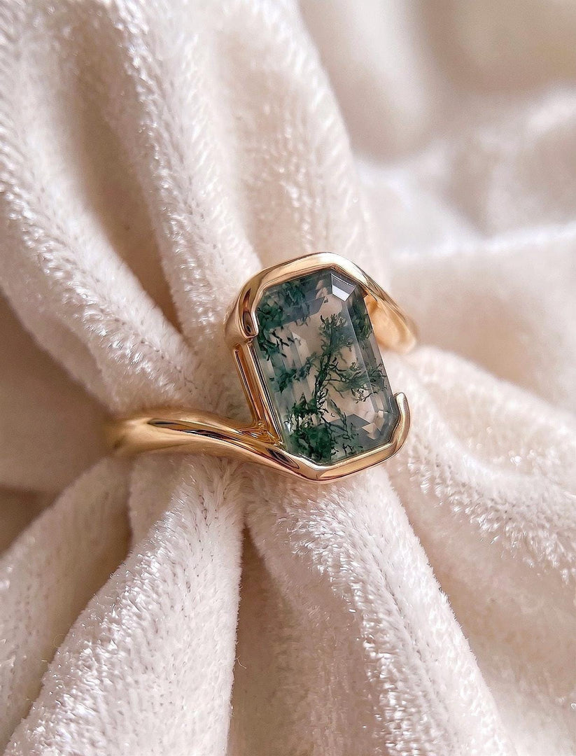 Moss Agate Emerald Cut Engagement Ring, Bezel Setting, Anniversary Ring, Solitaire Proposal Ring, 14K Solid Yellow Gold Wedding Gift For Her