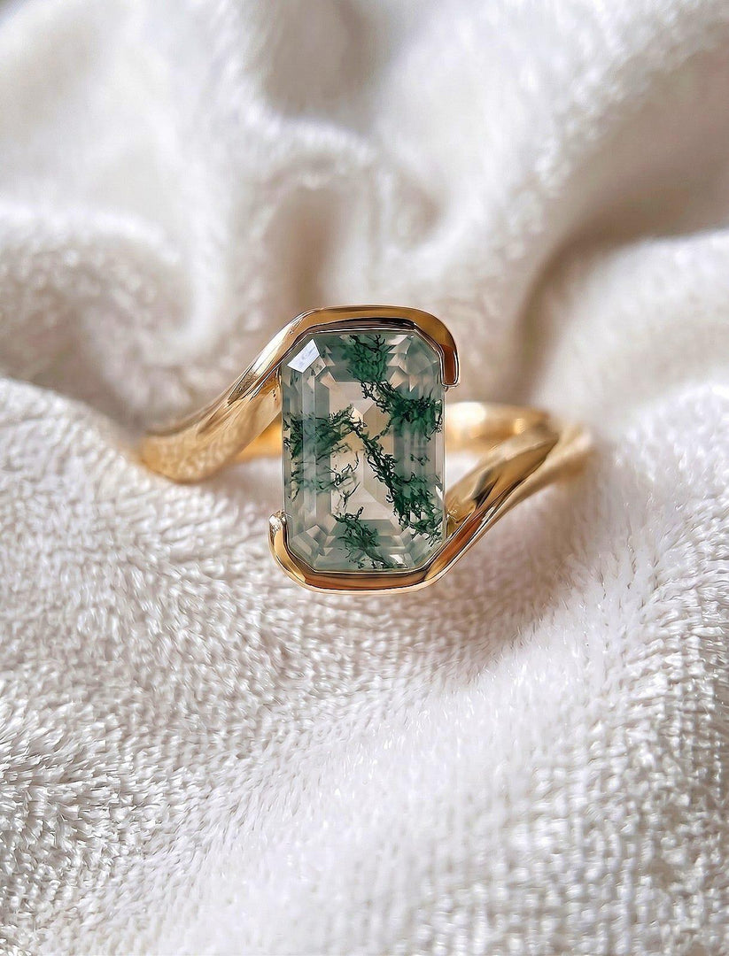 Moss Agate Emerald Cut Engagement Ring, Bezel Setting, Anniversary Ring, Solitaire Proposal Ring, 14K Solid Yellow Gold Wedding Gift For Her