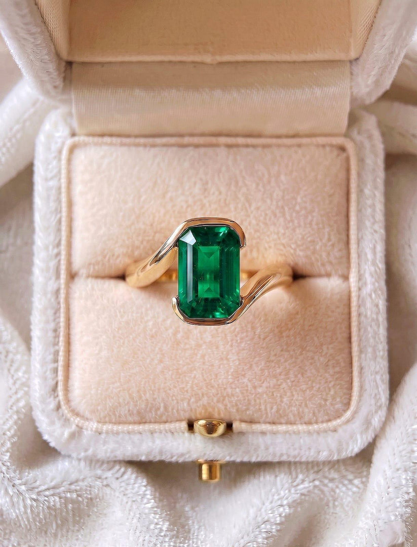 Green Emerald Engagement Ring, Emerald Cut Bezel Ring, 14k Gold Ring, Sterling Silver, Solitaire Statement Ring, May Birthstone Women Ring