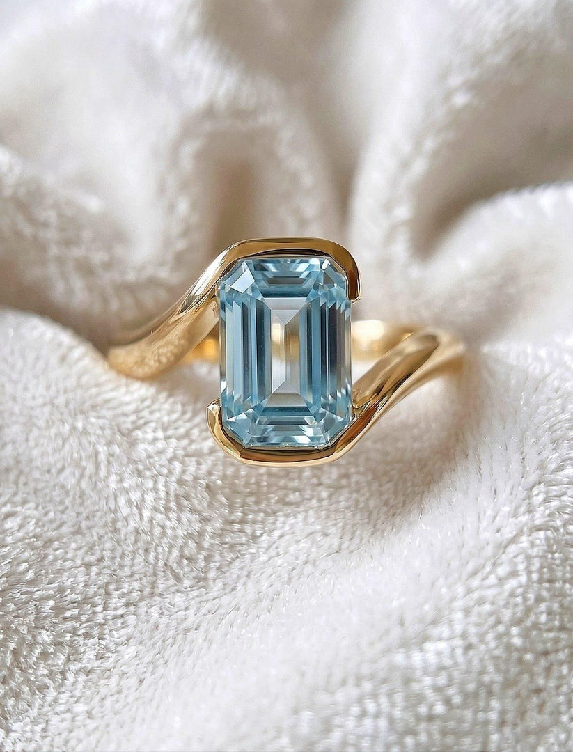 Aquamarine Engagement Emerald Cut Ring, Bezel Set Minimalist Ring, Lab Created Blue Gemstone Promise Ring, March Birthstone Jewelry Gift