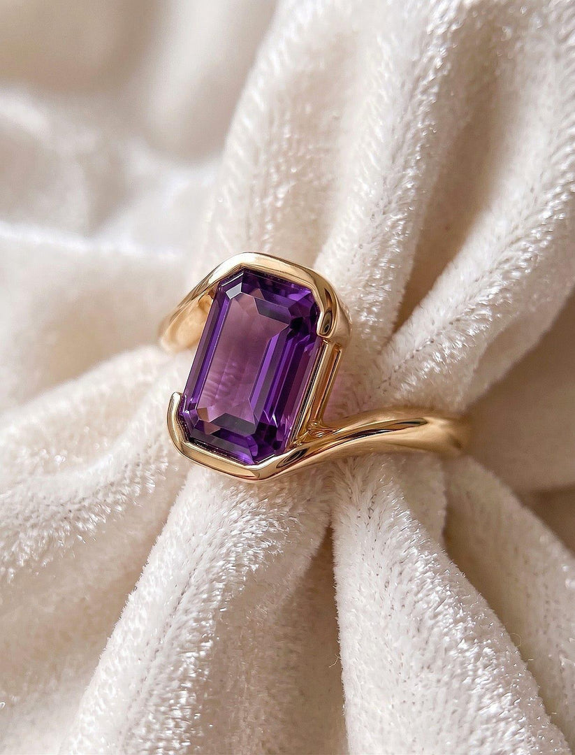 Amethyst Engagement Emerald Cut Ring, Bezel Set Amethyst Ring, Solitaire In Sterling Silver, Minimalist Amethyst Ring, February Birthstone