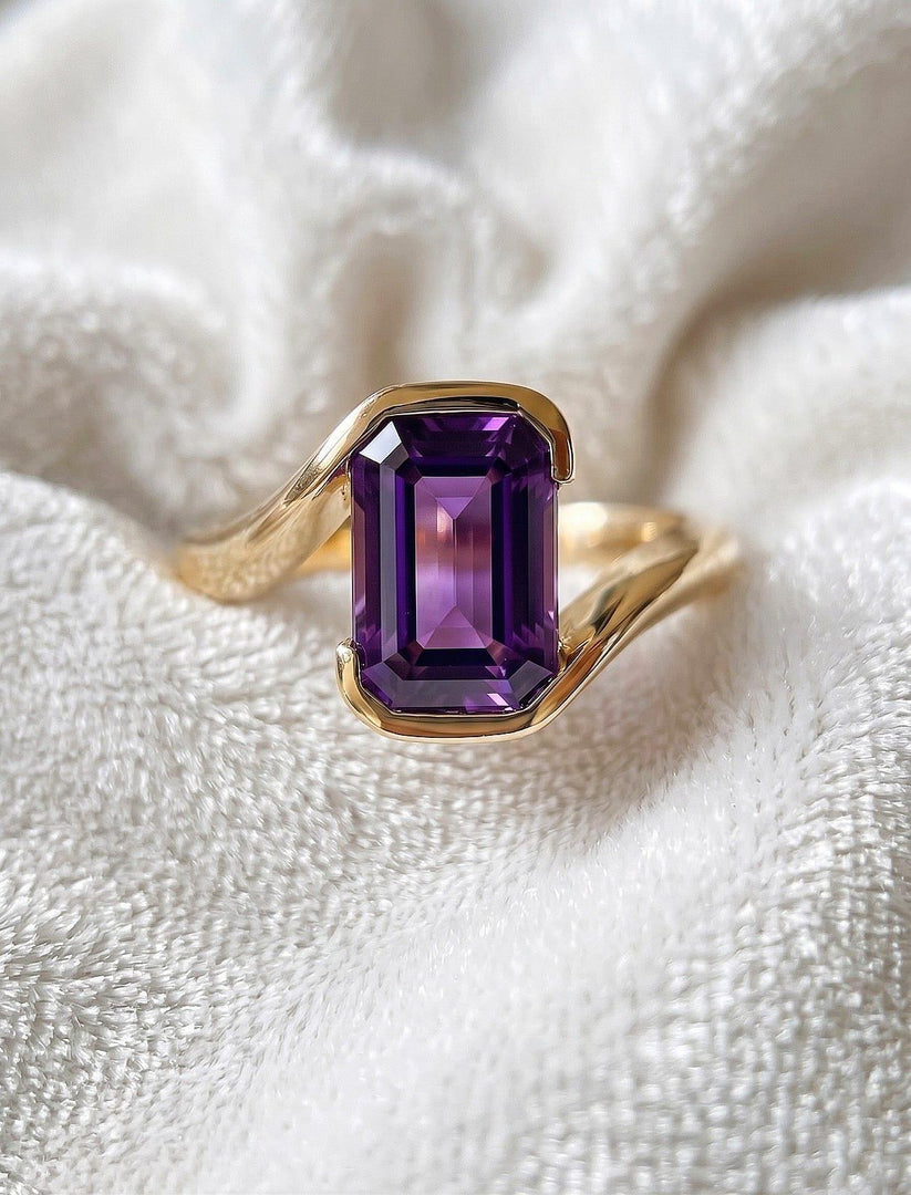 Amethyst Engagement Emerald Cut Ring, Bezel Set Amethyst Ring, Solitaire In Sterling Silver, Minimalist Amethyst Ring, February Birthstone